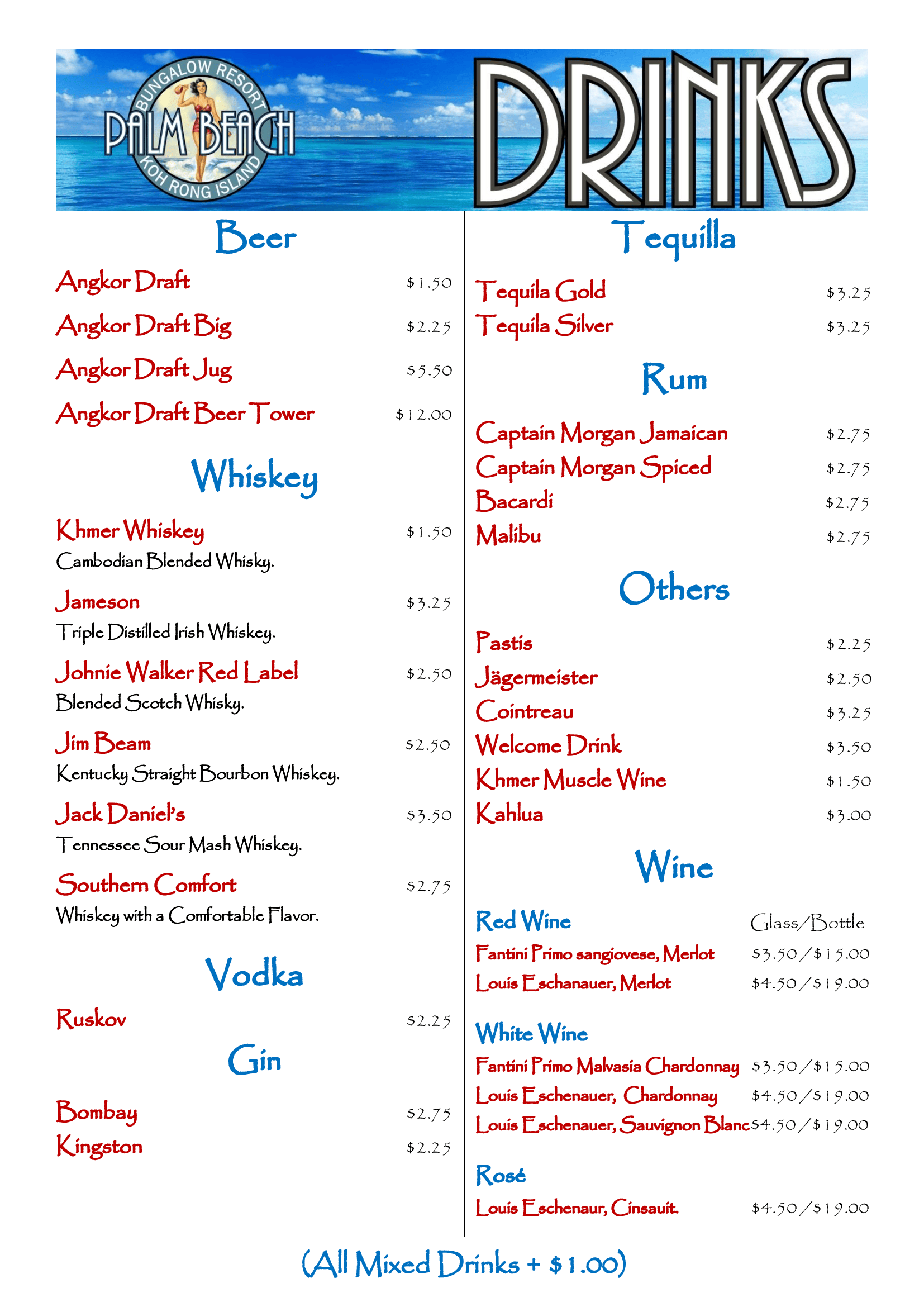 Alcoholic drinks menu